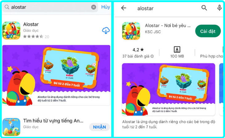 Giao diện App store và CH play tìm kiếm Alostar